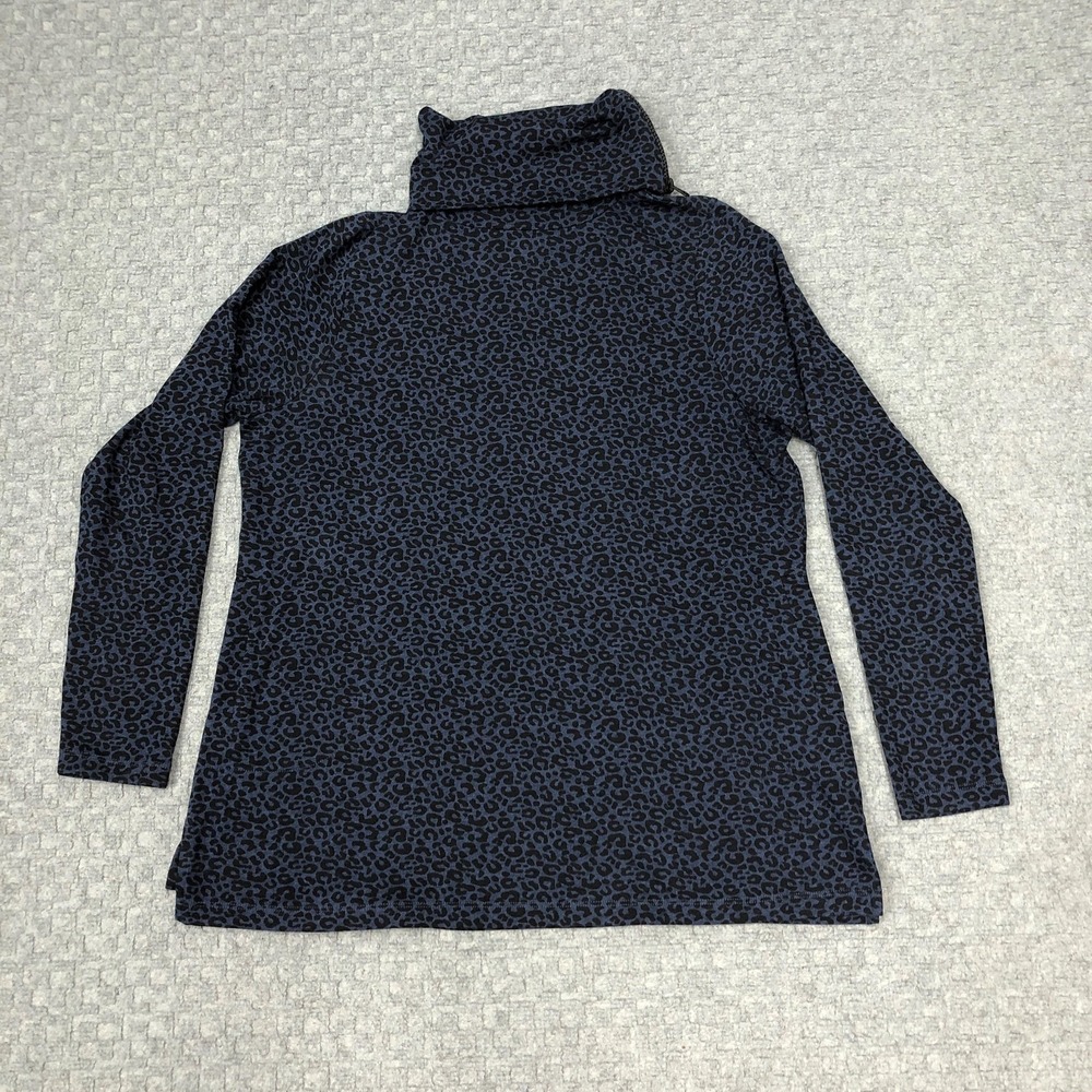 E.L.I Shirt Womens Large Blue Black Leopard Print Mock Neck Zip Pima Cotton Cozy